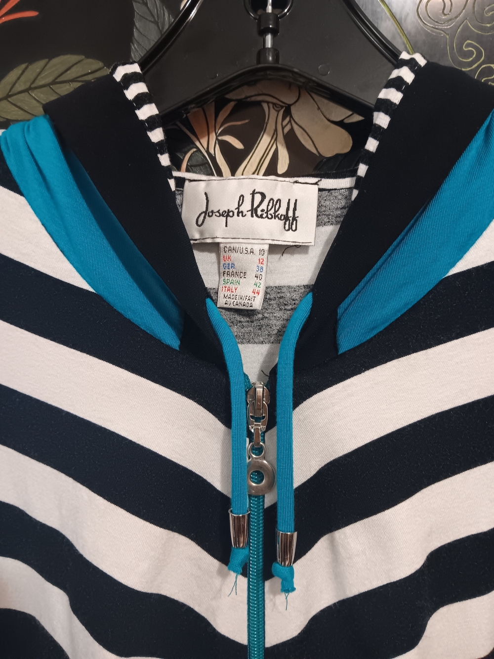 Joseph Ribkoff Striped Zip Hoodie with Teal Accents - Picture 2 of 5